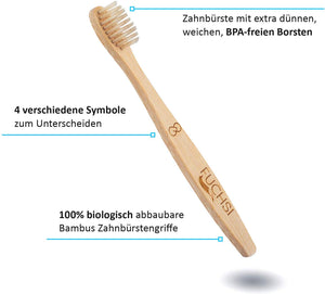 4 STÜCK - FUCHSI Bambus-Zahnbürste | plastikfreie Holzzahnbürste aus reinem Bambus | vegan & biologisch abbaubar | umweltfreundlich & BPA frei | für gesunde & weiße Zähne