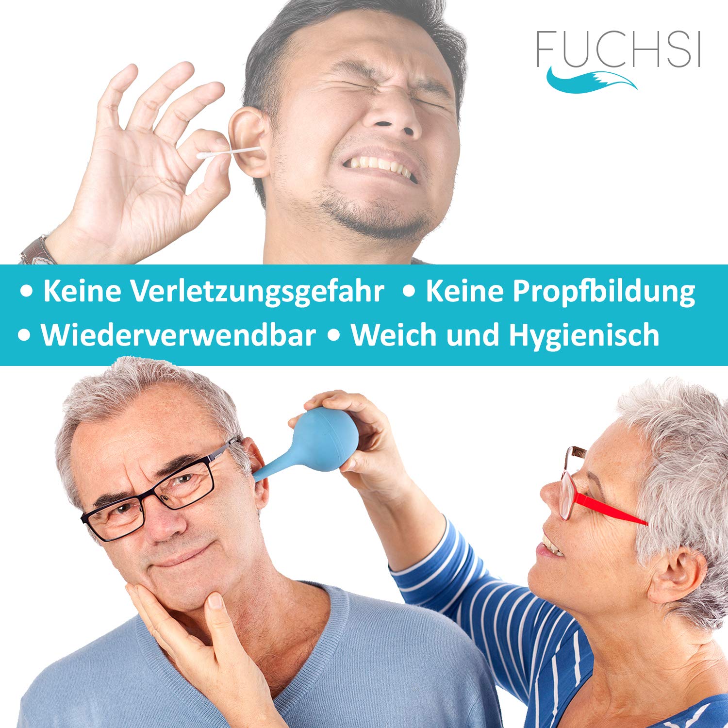 FUCHSI Ohrspülung | Speziell geformte Sprühnase | Medizinisches Silikon | Sanfte Reinigung von Ohrenschmalz durch Ohrenspülung | Perfekte 135ml